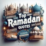 Top 500+ Ramadan Quotes” written in bold, large font over a 3D illustration of a mosque with Ramadan themes.