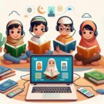 Children learning the Quran on a digital device with TanzeeleQuran’s interactive platform.